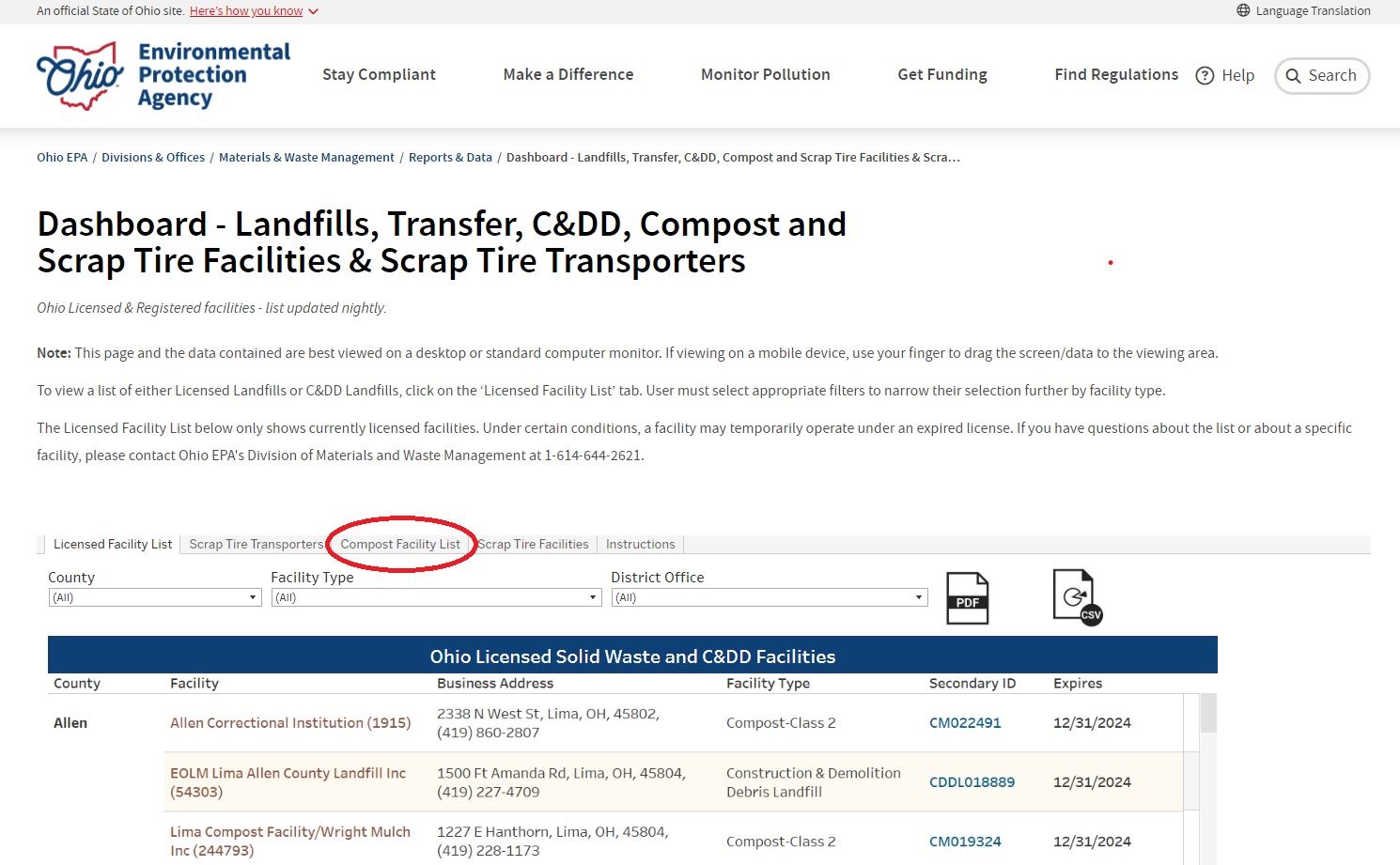Ohio EPA list of compst facilities screenshot